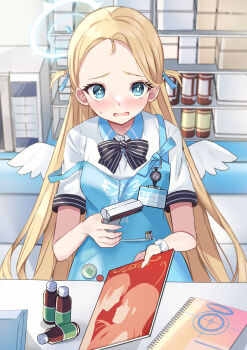 1girl apron barcode_scanner blonde_hair blue_apron blue_archive blue_eyes blush bow bowtie convenience_store forehead halo highres holding holding_barcode_scanner holding_magazine id_card looking_at_viewer magazine_(object) mi_taro333 mini_wings open_mouth part_time_job pornography shop solo sora_(blue_archive) store_clerk striped_bow striped_bowtie striped_clothes white_wings wings
