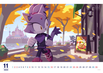 &gt;_&lt; 1boy 1girl absurdres animal_ears artist_request autumn autumn_leaves black_shirt blaze_the_cat castle cat_ears cat_girl cat_tail closed_mouth copyright_notice falling_leaves foot_out_of_frame forehead_jewel furry furry_female furry_male gardon_(sonic) gloves highres leaf logo long_sleeves looking_back official_art outdoors pink_shoes ponytail running shirt shoes sonic_(series) sonic_channel sportswear standing tail tree watermark web_address white_gloves wireless_earphones yellow_eyes