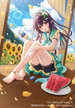 1girl applying_sunscreen aqua_nails black_choker black_hair black_shorts blue_sky bottle choker cloud cloudy_sky copyright_notice crossed_ankles flower food frilled_cuffs frilled_sailor_collar frills fruit green_neckerchief green_sailor_collar hair_flower hair_ornament hand_on_own_leg high_ponytail highres holding holding_bottle long_hair looking_at_viewer midriff neckerchief nyamaso official_art open_mouth pecteilis petals plate pointy_ears ponytail sailor_collar shirt short_shorts shorts sitting sky sleeveless sleeveless_shirt solo sunflower veranda watermelon watermelon_slice white_shirt yellow_eyes z/x