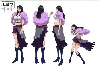 alternate_costume belt black_hair blue_eyes boots bracelet breasts capelet curvy fur-trimmed_capelet fur_capelet fur_trim high_heels jewelry large_breasts medium_hair midriff navel nico_robin nico_robin_(elbaf) official_alternate_costume official_art one_piece purple_capelet shirt skirt sleeveless thighs toei_company white_shirt wide_hips