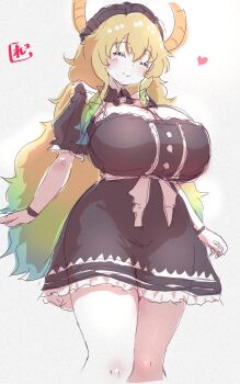 1girl =_= blonde_hair blush breasts brown_coat brown_dress brown_hat cleavage_cutout closed_eyes clothing_cutout coat crossed_bangs dragon_girl dragon_horns dress feet_out_of_frame from_below gradient_hair green_hair hair_between_eyes hat heart highres horns huge_breasts kobayashi-san_chi_no_maidragon long_hair lucoa_(maidragon) multicolored_hair pink_sash puffy_short_sleeves puffy_sleeves reiwa_rerere sash short_sleeves signature simple_background smile solo very_long_hair white_background wristband