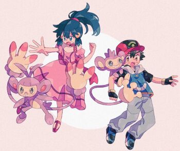 Rule 34 | 1boy, 1girl, aipom, ambipom, ash ketchum, blue eyes, blue hair, blush, commentary request, dawn (pokemon), dress, gen 2 pokemon, gen 4 pokemon, hair ornament, hairclip, hat, hood, hoodie, long hair, looking at creature, looking down, mgomurainu, nintendo, off-shoulder dress, off shoulder, official alternate costume, official alternate hairstyle, outstretched hand, pink background, pink dress, pokemon, pokemon (anime), pokemon dppt (anime), ponytail, red hat, red shoes, shoes, v-shaped eyebrows