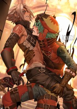 .hack// .hack//g.u. 2boys aqua_hair azure_kite belt belt_collar blush chest_belt collar commentary english_commentary facial_mark facial_tattoo gloves grey_hair haseo_(.hack//) hat head_on_chest highres holding holding_weapon laovaan leg_belt male_focus multiple_boys orange_hat patchwork_clothes sharp_teeth shoulder_tattoo stitched_sleeves stitches stomach_tattoo tattoo teeth thigh_belt thigh_strap triangle triangle_facial_mark weapon yaoi
