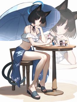 1girl akira_(blue_archive) animal_ears bikini black_eyes black_hair blue_archive blue_halo breasts cat_ears cat_tail character_doll cleavage collarbone doll doodle_sensei_(blue_archive) frilled_bikini frills halo highres kazusa_(blue_archive) kikyou_(blue_archive) mari_(blue_archive) medium_breasts mellow_(srpp4843) multiple_tails nail_polish navel off_shoulder parasol sandals sensei_(blue_archive) short_hair simple_background sitting solo swimsuit tail toes two_tails umbrella white_background white_bikini zoom_layer