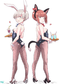 animal_ears ass black_footwear black_leotard blue_eyes bow bowtie brown_eyes brown_hair brown_pantyhose cat_ears cat_tail drink fishnet_pantyhose fishnets from_behind fuji_(pixiv24804665) full_body grey_bow grey_bowtie grey_hair high_heels highres kantai_collection kittysuit leotard looking_at_viewer looking_back nontraditional_playboy_bunny pantyhose playboy_bunny red_bow red_bowtie short_hair simple_background smile strapless strapless_leotard tail tray white_background white_footwear z1_leberecht_maass_(kancolle) z3_max_schultz_(kancolle)