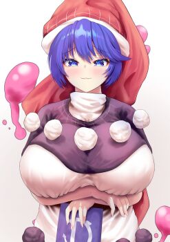 1girl :3 arms_under_breasts black_capelet blob blue_eyes blue_hair blush book breasts capelet commentary doremy_sweet dream_soul dress english_commentary gradient_background hat highres holding holding_book huge_breasts looking_at_viewer nightcap pom_pom_(clothes) red_hat rion_(user_ufvg8527) short_hair smile solo touhou upper_body