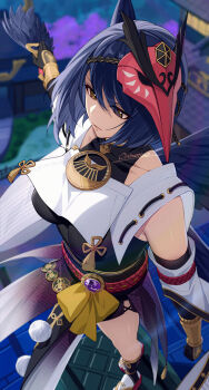 1girl artist_name bird_mask black_bodysuit black_hair bodysuit breast_curtain breasts collarbone commentary_request detached_sleeves feather_fan from_above genshin_impact hand_fan holding holding_fan japanese_clothes kujou_sara large_breasts looking_ahead mask mask_on_head medium_hair night on_rooftop onimoti outdoors pom_pom_(clothes) rooftop skin_tight socks solo standing tabi tile_roof vision_(genshin_impact) white_socks yellow_eyes