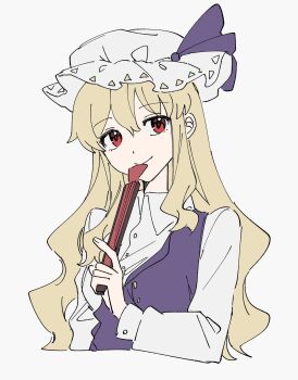 1girl blonde_hair breasts closed_mouth collared_shirt commentary dress folded_fan folding_fan hand_fan hat hat_ribbon highres holding holding_fan long_hair long_sleeves looking_at_viewer medium_breasts purple_dress red_eyes ribbon shirt single_strap smile solo touhou uehara_suiyo watatsuki_no_toyohime white_hat white_shirt