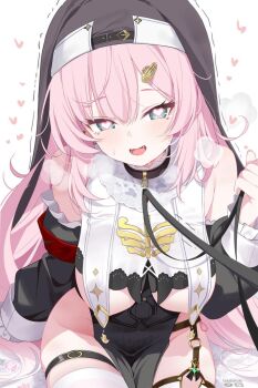 1girl aqua_eyes armband black_dress black_leash black_sleeves black_veil blush breasts detached_sleeves deyui dress drooling ear_piercing earrings fangs groin hand_hair_ornament heart heart_in_eye jewelry large_breasts leash leash_pull long_hair long_sleeves looking_at_viewer nun open_mouth piercing pink_hair pussy_juice_stain red_armband revision saliva simple_background sitting skin_fangs smile solo spiked_ear_piercing stained_clothes stella_sora symbol_in_eye thigh_strap thighhighs thighs trembling veil white_background white_thighhighs