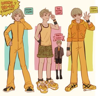 Rule 34 | 1girl, androgynous, arm behind back, arm behind head, black shoes, black socks, blonde hair, brown eyes, brown jacket, bruce lee's jumpsuit, character name, closed eyes, closed mouth, collared shirt, commentary, commentary request, drawstring, english commentary, english text, eyelashes, full body, green shorts, grey vest, hand on own hip, highres, hood, hood down, hoodie, huang pao-lin, jacket, jumpsuit, long sleeves, multiple views, necktie, official alternate costume, open clothes, open jacket, orange jacket, pants, shirt, shoelaces, shoes, short hair, shorts, sleeveless, sleeveless jacket, smile, socks, standing, tank top, tiger &amp; bunny, tloraxin, twitter username, very short hair, vest, waving, white shirt, yellow hoodie, yellow jumpsuit, yellow necktie, yellow pants, yellow shoes, yellow tank top