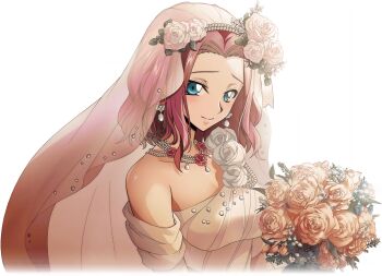 1girl artist_request blue_eyes blush bouquet breasts bridal_veil bride closed_mouth code_geass code_geass:_lost_stories collarbone cropped_torso dress earrings female_focus flower forehead game_cg hair_flower hair_intakes hair_ornament happy holding holding_bouquet jewelry kouzuki_kallen light_blush looking_at_viewer medium_breasts necklace non-web_source off-shoulder_dress off_shoulder official_art orange_flower orange_rose pearl_necklace raised_eyebrows red_flower red_hair red_rose rose see-through_clothes short_hair shy sidelocks simple_background single_bare_shoulder smile solo standing transparent_background upper_body veil wedding_dress white_dress white_flower white_rose