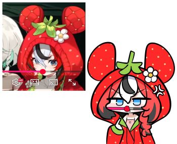 2girls anger_vein angry animal_ears babydoll ball_gag black_hair black_streaks blue_eyes blush braid cecilia_immergreen chibi commentary double-parted_bangs gag gagged hair_between_eyes hakos_baelz hakos_baelz_(strawberry_onesie) highres hololive hololive_english hood hooded_pajamas mouse_ears multicolored_hair multiple_girls official_alternate_costume onesie pajamas photo-referenced pointing pointing_at_self red_hair red_pajamas saliva screenshot_inset standing tensutensu v-shaped_eyebrows virtual_youtuber white_background white_hair