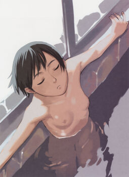 1girl bath breasts closed_eyes female_focus highres nipples nude short_hair small_breasts solo takamichi