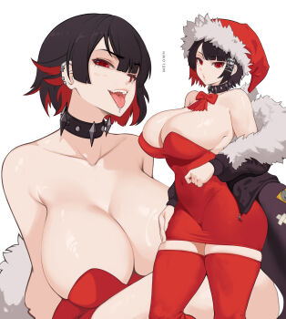 1girl absurdres alternate_breast_size_(larger) alternate_costume artist_name bare_shoulders black_hair black_jacket blush bow bowtie breasts collar collarbone colored_inner_hair commentary covered_navel dress earclip ellen_joe english_commentary fins fish_tail fur-trimmed_jacket fur_trim groin half-closed_eyes hand_on_own_thigh hat highres huge_breasts jacket looking_at_viewer melowh multicolored_hair multiple_views off-shoulder_jacket off_shoulder open_mouth pom_pom_(clothes) razor_blade_hair_ornament red_bow red_bowtie red_dress red_eyes red_thighhighs saliva santa_hat shark_girl shark_tail short_hair simple_background spiked_collar spikes strapless strapless_dress tail thighhighs tongue tongue_out white_background zenless_zone_zero