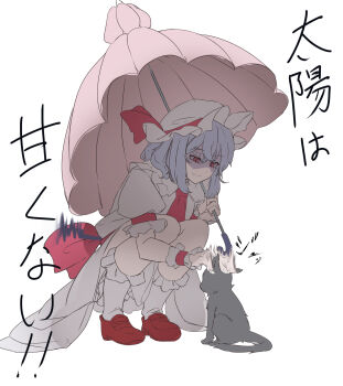 1girl ascot bat_wings black_cat blue_hair cat commentary_request fang full_body hair_between_eyes hat hat_ribbon headpat highres holding holding_umbrella kanaria_(bcomn) mary_janes mob_cap patting pink_hat pink_shirt pink_skirt pink_socks pink_umbrella puffy_short_sleeves puffy_sleeves red_ascot red_eyes red_shoes remilia_scarlet ribbon shirt shoes short_hair short_sleeves simple_background skin_fang skirt skirt_set smile socks solo squatting touhou translation_request umbrella white_background wings wrist_cuffs
