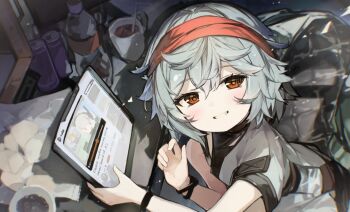 1girl blush bottle bracelet brown_eyes commentary cup drinking_straw elmo_dormitory_outfit english_commentary g11_(girls&#039;_frontline) girls&#039;_frontline girls&#039;_frontline_2:_exilium grey_hair grin harufude headband holding holding_tablet_pc indoors jewelry looking_at_viewer mechty_(girls&#039;_frontline_2) red_headband short_hair smile solo tablet_pc teeth
