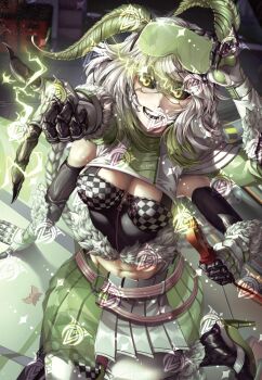 Rule 34 | 1girl, antennae, arthropod girl, athies, black sclera, black tongue, braid, breasts, checkered bikini top, checkered clothes, chitin, cleavage, colored sclera, colored skin, commentary, cropped jacket, electricity, english commentary, extra arms, gamer supps, grape (grape05843924), green eyes, high heels, insect girl, insect wings, juniper actias, juniper actias (racing queen), long hair, monster girl, moth antennae, moth girl, moth hair ornament, moth wings, navel, race queen, see-through clothes, sitting, skirt, thighhighs, twin braids, virtual youtuber, watermark, white hair, white skin, wings