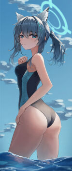 Rule 34 | 1girl, animal ear fluff, animal ears, ass, bad id, bad twitter id, bare shoulders, bikini, black one-piece swimsuit, blue archive, blue eyes, blue sky, blush, cloud, cloudy sky, competition swimsuit, cross, cross hair ornament, day, extra ears, from behind, grey hair, hair ornament, halo, highres, inverted cross, long hair, looking at viewer, looking back, low ponytail, lows., mismatched pupils, multicolored swimsuit, ocean, one-piece swimsuit, outdoors, parted lips, ponytail, shiroko (blue archive), shiroko (swimsuit) (blue archive), sky, solo, standing, swimsuit, two-tone swimsuit, wading, water, wet