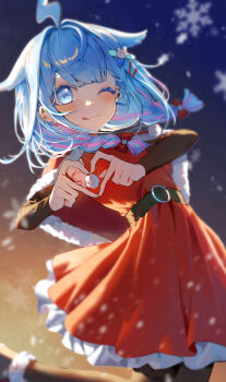 Rule 34 | 1girl, absurdres, ahoge, alternate costume, belt, black belt, black pantyhose, blue eyes, blue hair, braid, capelet, closed mouth, dress, four-finger heart hands, fur-trimmed capelet, fur-trimmed dress, fur trim, hair flaps, hair ornament, hairpin, heart, heart hands, highres, hololive, hololive dev is, looking at viewer, medium hair, mizumiya su, pantyhose, pink streaks, red dress, santa costume, santa dress, smile, snow, snowflakes, snowing, solo, syuerito 99, tongue, tongue out, twin braids, virtual youtuber, x hair ornament