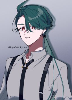 Rule 34 | 1girl, ahoge, black necktie, bright pupils, closed mouth, collared shirt, commentary request, earrings, green hair, grey shirt, hair between eyes, highres, jewelry, kiyohalu kyouno, long hair, looking at viewer, necktie, nintendo, pokemon, pokemon sv, ponytail, red eyes, rika (pokemon), shirt, solo, suspenders, twitter username, upper body, watermark, white pupils