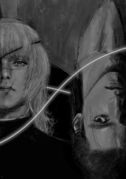 Rule 34 | 2boys, absurdres, badeni, black background, chi.: chikyuu no undou ni tsuite, commentary request, eyelashes, eyepatch, greyscale, highres, k05062688, lips, long hair, looking at another, looking at viewer, male focus, medium hair, monochrome, multiple boys, nose, oczy, scar, scar on face, scar on mouth, scar on nose, tonsure, upside-down