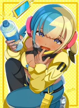 Rule 34 | 1girl, absurdres, aqua hair, baggy pants, bandeau, black mask, blonde hair, blush, bottle, breasts, canari (pokemon), center-flap bangs, cleavage, commentary request, criss-cross straps, dark-skinned female, dark skin, dennpunn 2525, highres, holding, holding bottle, jacket, knee up, mask, mask pull, medium breasts, mouth mask, multicolored hair, nintendo, pants, pokemon, pokemon legends: z-a, rotom, rotom phone, short twintails, solo, split-color clothes, split-color hair, sweat, twintails, two-tone mask, two-tone pants, yellow bandeau, yellow jacket, yellow mask