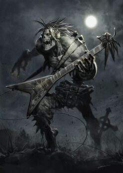 1boy absurdres bass_guitar belt cloud cross darkstalkers electric_guitar full_moon graveyard guitar highres instrument jh-stone lord_raptor male_focus moon night open_mouth pants red_eyes skull sky solo spiked_hair spot_color stitches strap teeth tombstone topless_male torn_clothes torn_pants zombie