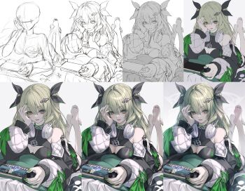 Rule 34 | 1girl, bare legs, bare shoulders, barefoot, black bow, black jacket, black shirt, bow, breasts, cleavage, cleavage cutout, clothing cutout, commentary, controller, feet, feet up, game controller, game screenshot inset, green nails, hair between eyes, hair bow, hand on own head, head rest, headphones, headphones around neck, highres, holding, holding controller, holding game controller, honkai (series), honkai impact 3rd, jacket, large breasts, long hair, lying, making-of, mobius (daughter of corals) (honkai impact), mobius (honkai impact), mobius (razer) (honkai impact), multiple hair bows, nail polish, neon (pixiv 31150749), official alternate costume, on stomach, shirt, shoulder tattoo, sleeveless, sleeveless shirt, slit pupils, smile, soles, solo, tattoo, the pose, thigh strap, toenail polish, toenails, toes