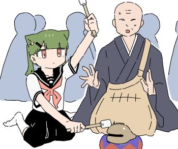 animal_ears animated animated_gif cat_ears cat_girl crowd expressionless green_hair highres kesa kneehighs low_twintails monk rag-chan ragcats rid0922 school_uniform serafuku simple_background socks twintails white_socks wooden_fish