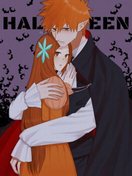 1boy 1girl absurdres ascot bat_(animal) black_cloak black_vest bleach brown_eyes brown_hair cloak collared_shirt couple cowboy_shot dress fang fang_out hair_between_eyes hair_ornament halloween halloween_costume hand_on_another&#039;s_chest hetero highres hug inoue_orihime juliet_sleeves kurosaki_ichigo long_hair long_sleeves momo_ka1010 orange_dress orange_hair parted_bangs parted_lips pointy_ears puffy_sleeves shirt short_hair snowflake_hair_ornament spiked_hair vampire_costume vest white_ascot white_shirt
