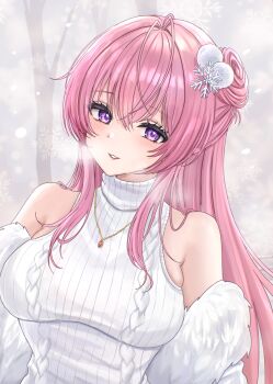 1girl absurdres alternate_costume bare_shoulders breasts breath commentary_request dorothy_(nikke) goddess_of_victory:_nikke hair_bun hair_ornament highres large_breasts long_hair looking_at_viewer pink_hair purple_eyes single_side_bun snowflake_hair_ornament snowing solo sunameri_(pixiv3564245) sweater tree turtleneck turtleneck_sweater very_long_hair white_sweater winter