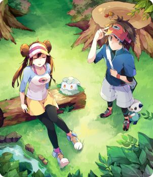 1boy 1girl black_pantyhose closed_eyes collarbone commentary cottonee double_bun english_commentary forest full_body gen_5_pokemon hair_bun joodaru mushroom nate_(pokemon) nature nintendo oshawott pantyhose pantyhose_under_shorts pokemon pokemon_(creature) pokemon_bw2 raglan_sleeves rosa_(pokemon) shorts sitting standing tree_stump visor_cap