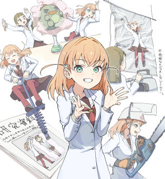 2girls ^_^ absurdres aqua_eyes black_socks brown_dress brown_shoes chainsaw closed_eyes closed_lab_coat commentary dress erlenmeyer_flask face_shield flask gloves gonzales_(love_live!) grin hair_intakes hair_ornament hard_hat hasu_no_sora_school_uniform helmet highres hinoshita_kaho holding holding_chainsaw kachimachi_kosuzu lab_coat lao_ren_xing link!_like!_love_live! loafers long_hair long_sleeves looking_at_viewer love_live! mad_scientist medium_hair multiple_girls multiple_views neckerchief orange_gloves orange_hair pants pants_under_dress pink_eyes pogo_stick rabbit_hair_ornament red_neckerchief red_pants sailor_collar sailor_dress school_uniform shoes smile socks translation_request two_side_up vacuum_bag virtual_youtuber white_sailor_collar winter_uniform