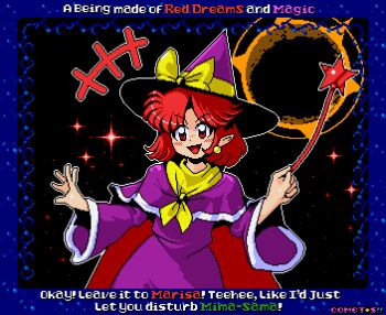 bandana blush bow cape capelet comet_summoner98 commentary dress earrings english_commentary english_text frills gold_earrings hat jewelry kirisame_marisa kirisame_marisa_(pc-98) long_sleeves open_mouth pc-98_(style) pixel_art pointy_ears purple_capelet purple_dress purple_hat purple_shirt red_cape shirt short_hair talking touhou touhou_(pc-98) wide_sleeves witch_hat wizard_hat yellow_bandana yellow_bow