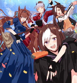 4girls :d ^_^ absurdres animal_ears black_jacket black_sailor_collar black_serafuku black_shirt black_skirt blue_dress blue_sky blunt_bangs broom brown_hair brown_shirt carrot closed_eyes commentary_request daiwa_scarlet_(umamusume) dress food gold_ship_(umamusume) grey_hair grey_pants grin highres holding holding_broom holding_food holding_plunger holding_vegetable horse_ears horse_girl jacket long_dress long_hair long_skirt looking_at_viewer medium_hair multicolored_hair multiple_girls open_clothes open_jacket open_mouth pants plunger red_jacket red_pants sailor_collar school_uniform serafuku shirt skirt sky smile special_week_(umamusume) streaked_hair teeth tongue track_jacket twintails umamusume unconventional_guitar upper_teeth_only v-shaped_eyebrows v-shaped_eyes vegetable very_long_hair vodka_(umamusume) white_hair yukitake_(bullfalk)