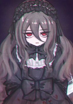 1girl absurdres black_dress chromatic_aberration commentary_request dress ebizuka_tomo girls_band_cry grey_hair hair_between_eyes hairband highres lolita_hairband long_hair long_hair_between_eyes looking_at_viewer open_mouth purple_background red_eyes solo tomare_(akashingou)