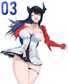 1girl absurdres astra_yao astra_yao_(cosplay) asymmetrical_horns black_hair blue_hair breasts cleavage colored_inner_hair cosplay crystal_horns demon_horns dress flower hair_ornament highres hololive hololive_english horn_flower horns jacket jackets jewelry large_breasts long_hair looking_at_viewer mole mole_under_eye multicolored_hair necklace nerissa_ravencroft open_mouth p_protocoll pearl_necklace red_jacket red_shrug shrug_(clothing) smile solo tassel tassel_hair_ornament thigh_beads two-tone_hair uneven_horns very_long_hair virtual_youtuber white_dress zenless_zone_zero