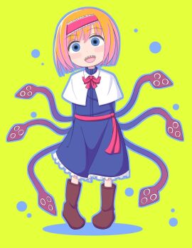 1girl :d alice_margatroid arms_behind_back blonde_hair blue_dress blue_eyes blush boots bow bowtie brown_boots capelet collared_capelet commentary_request cookie_(touhou) dress frilled_dress frilled_hairband frills full_body green_background hairband looking_at_viewer open_mouth otsu_all red_bow red_bowtie red_hairband red_sash sash sharp_teeth short_hair simple_background smile solo taisa_(cookie) teeth tentacles touhou white_capelet