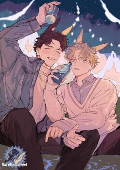 2boys animal_ears arm_up benjamin_(hadashi_no_tenshi) black_hair black_pants blonde_hair bottle buttons clenched_teeth closed_eyes collared_shirt copyright_name extra_ears fingernails glass_bottle hadashi_no_tenshi hashtag-only_commentary highres holding holding_bottle kemonomimi_mode layered_clothes long_sleeves looking_at_viewer male_focus multiple_boys nnmy_itp0 pants shirt shoes short_hair sitting smile sweater teeth tongue tongue_out turner_wilson v-neck