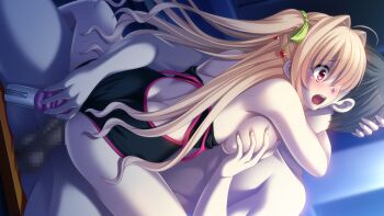 1boy 1girl anal anal_object_insertion asahina_konomi ass blonde_hair blush bow breasts censored cherry clothing_aside dildo double_penetration food fruit game_cg girl_on_top grabbing_another's_breast green_bow groping guilty hair_bow hair_ornament hetero hug mosaic_censoring multiple_penetration night object_insertion one-piece_swimsuit open_mouth penis pussy rape red_eyes sex sex_toy swimsuit swimsuit_aside toriko_no_(series) toriko_no_kusari twintails vaginal wide-eyed