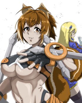 arc_system_works blazblue blonde_hair breasts brown_hair large_breasts makoto_nanaya midriff navel noel_vermillion revealing_clothes underboob xkyvpxcscnmk8qp