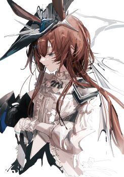1girl absurdres amiya_(arknights) amiya_(guard)_(arknights) amiya_(guard)_(in_a_myriad_of_universes)_(arknights) animal_ears ankoro_mochi arknights blue_eyes brown_hair gloves hat highres long_hair profile rabbit_ears rabbit_girl simple_background smile solo white_background