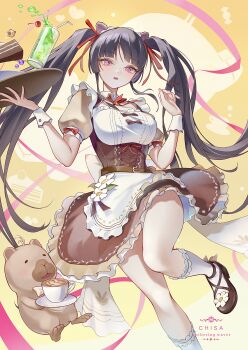 1girl absurdres alternate_costume alternate_hairstyle apron black_hair breasts brown_dress cake cake_slice character_name chigusa7h chisa_(wuthering_waves) commentary copyright_name cup dress drinking_glass enmaided fingernails food hair_ribbon hands_up highres large_breasts long_hair maid namipon_(wuthering_waves) official_alternate_costume puffy_short_sleeves puffy_sleeves red_ribbon ribbon short_sleeves solo tray twintails very_long_hair wuthering_waves