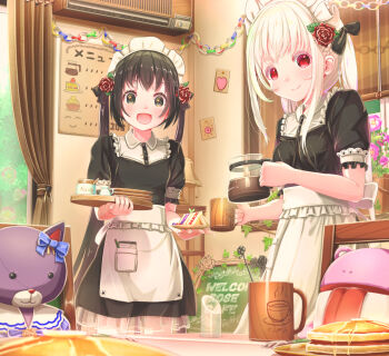 2girls :d air_conditioner aiuabo albino apron black_bow black_dress black_eyes black_hair bow breasts coffee coffee_pot collared_dress commentary_request cup curtains dress flat_chest flower food frilled_skirt frills hair_bow hair_flower hair_ornament highres holding holding_cup holding_plate indoors long_hair looking_at_viewer maid maid_headdress menu_board multiple_girls open_mouth original pancake paper_chain pink_flower plant plate potted_plant red_eyes red_flower red_rose rose sandwich saucer short_sleeves siblings sidelocks sisters skirt small_breasts smile stuffed_animal stuffed_toy tray twintails vines white_apron white_hair window