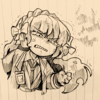 Rule 34 | 1girl, anger vein, angry, bow, clenched teeth, coat, collared shirt, hair bow, hairband, half-closed eyes, highres, id card, ishmael (project moon), limbus company, long hair, long sleeves, looking at viewer, necktie, project moon, shaded face, shirt, shout lines, sidelocks, solo, surumenabe, teeth, traditional media, very long hair, vest