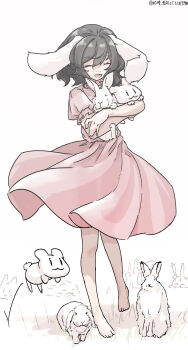 1girl :3 ^_^ absurdres animal animal_ears animal_hug bare_arms bare_legs barefoot black_hair closed_eyes commentary_request crossed_arms dress frilled_sleeves frills grass hair_between_eyes highres inaba_mob_(touhou) inaba_tewi jumping lop_rabbit_ears one-hour_drawing_challenge outdoors pink_dress puffy_short_sleeves puffy_sleeves rabbit_ears rabbit_girl short_hair short_sleeves smile toes touhou ve1024 white_rabbit_(animal) |_|