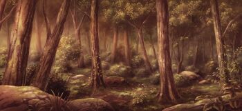 boulder forest game_cg grass moss nature no_humans non-web_source official_art outdoors scenery touhou touhou_gensou_eclipse tree twilight