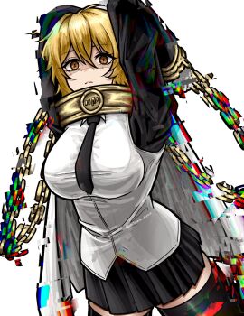 1girl ahoge arms_behind_head arms_up black_necktie black_skirt black_thighhighs blonde_hair breasts cape chain chain_around_arm chromatic_aberration closed_mouth collared_shirt commentary cowboy_shot cuffs-to-collar don_quixote_(project_moon) dutch_angle evil_eyes frown glitch gloom_(expression) highres index_(identity)_(project_moon) long_sleeves looking_at_viewer medium_breasts miniskirt mitama_nyan necktie pleated_skirt project_moon shirt short_hair skirt solo symbol-only_commentary thighhighs white_background white_cape white_shirt yellow_eyes zettai_ryouiki