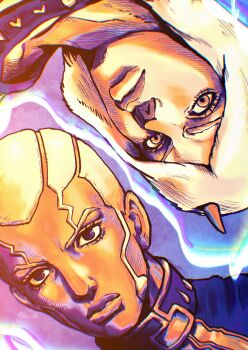 2boys absurdres araki_hirohiko_(style) black_eyes brothers cassock collarbone commentary_request crosshatching dark-skinned_male dark_skin enrico_pucci fur_hat hat hatching_(texture) high_collar highres horned_hat jojo_no_kimyou_na_bouken kaib0y lips male_focus multiple_boys priest robe siblings sidelocks stone_ocean weather_report white_hair