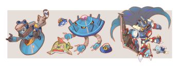 Rule 34 | 765 nanami, @ @, absurdres, armor, betamon, blue armor, blue cape, border, brown background, cape, caprimon, chibi, digimon, digimon (creature), digimon liberator, espimon, evolutionary line, highres, holding boomerang, hoverespimon, humanoid robot, invisimon, oblivimon, robot, simple background, ufo, white border